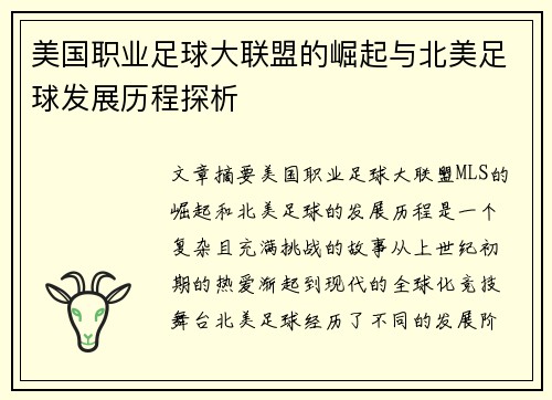 美国职业足球大联盟的崛起与北美足球发展历程探析